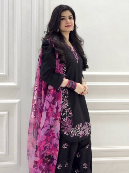 Premium Black French Crepe Farshi Palazzo Set with Dupatta Using Embroidery Work  Ready To Wear Collection