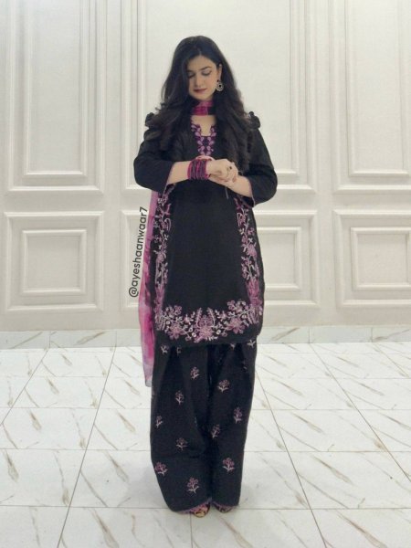 Premium Black French Crepe Farshi Palazzo Set with Dupatta Using Embroidery Work  Ready To Wear Collection