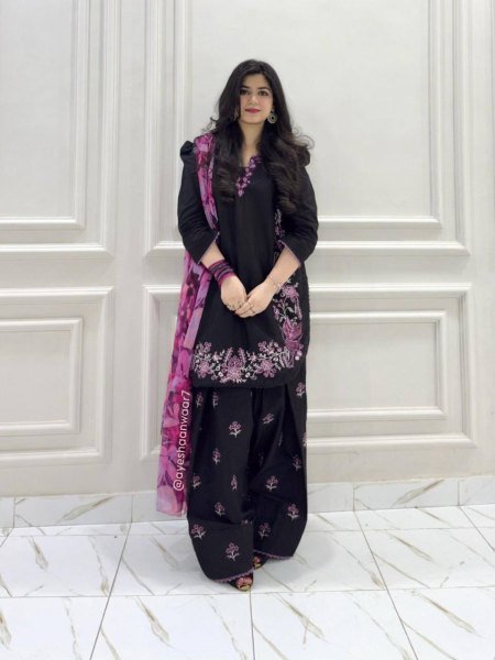 Premium Black French Crepe Farshi Palazzo Set with Dupatta Using Embroidery Work  Ready To Wear Collection