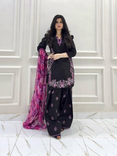 Premium Black French Crepe Farshi Palazzo Set with Dupatta Using Embroidery Work  Ready To Wear Collection