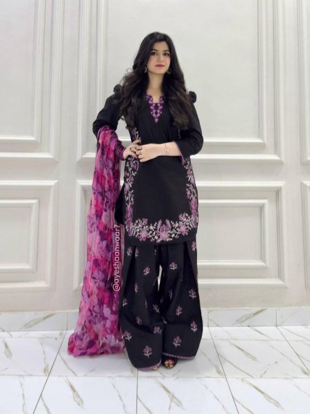 Premium Black French Crepe Farshi Palazzo Set with Dupatta Using Embroidery Work  Ready To Wear Collection