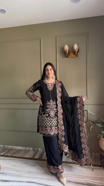 Premium Black Heavy Embroidered Palazzo Suit Set for Wedding and Party Wear Ready To Wear Collection