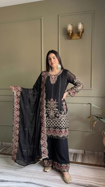 Premium Black Heavy Embroidered Palazzo Suit Set for Wedding and Party Wear Ready To Wear Collection