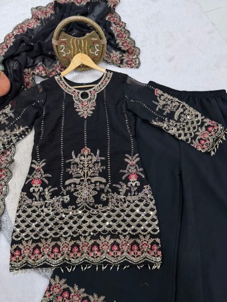 Premium Black Heavy Embroidered Palazzo Suit Set for Wedding and Party Wear Ready To Wear Collection