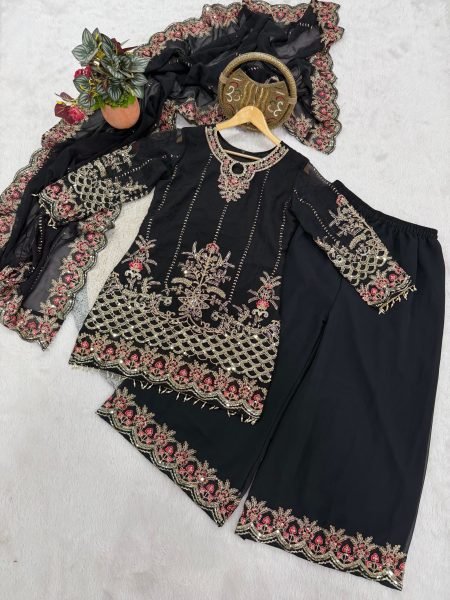 Premium Black Heavy Embroidered Palazzo Suit Set for Wedding and Party Wear Ready To Wear Collection