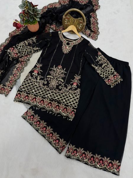Premium Black Heavy Embroidered Palazzo Suit Set for Wedding and Party Wear Ready To Wear Collection