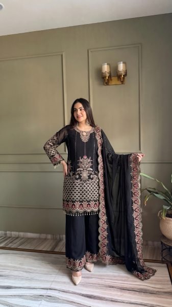 Premium Black Heavy Embroidered Palazzo Suit Set for Wedding and Party Wear Ready To Wear Collection