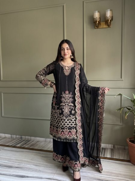 Premium Black Heavy Embroidered Palazzo Suit Set for Wedding and Party Wear Ready To Wear Collection