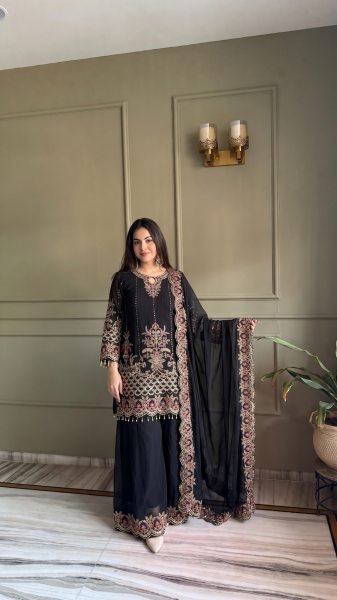 Premium Black Heavy Embroidered Palazzo Suit Set for Wedding and Party Wear Ready To Wear Collection