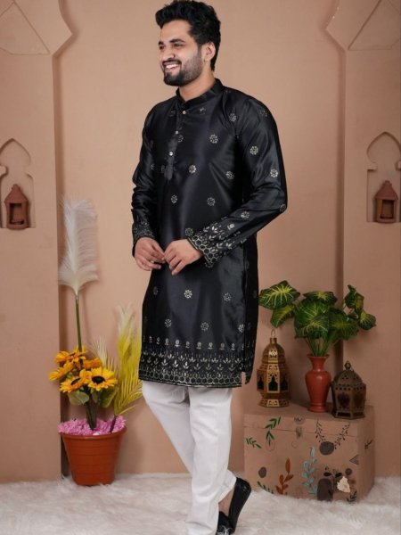 Premium Black Men Malai Silk Kurta Pyjama with Embroidery Sequins Work Mens Wear