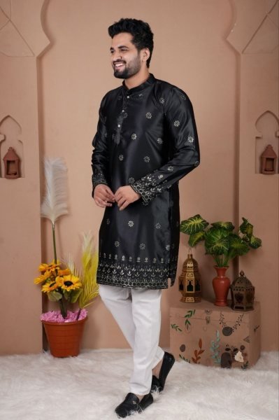 Premium Black Men Malai Silk Kurta Pyjama with Embroidery Sequins Work Kurta Pajama Wholesale