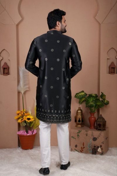 Premium Black Men Malai Silk Kurta Pyjama with Embroidery Sequins Work Kurta Pajama Wholesale