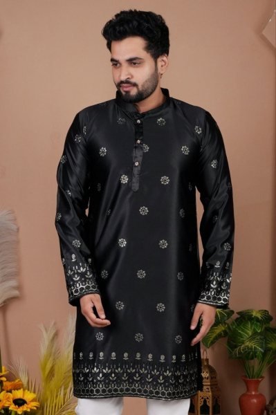 Premium Black Men Malai Silk Kurta Pyjama with Embroidery Sequins Work Kurta Pajama Wholesale