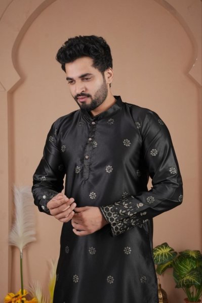 Premium Black Men Malai Silk Kurta Pyjama with Embroidery Sequins Work Kurta Pajama Wholesale