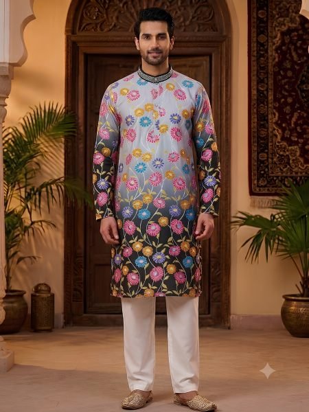 Premium Black Men s Wedding Wear Kurta with Designer Positional Print Work 