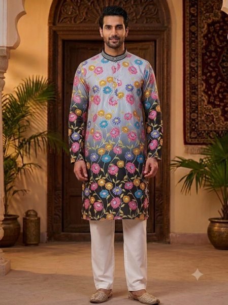 Premium Black Men s Wedding Wear Kurta with Designer Positional Print Work Kurta Pajama Wholesale
