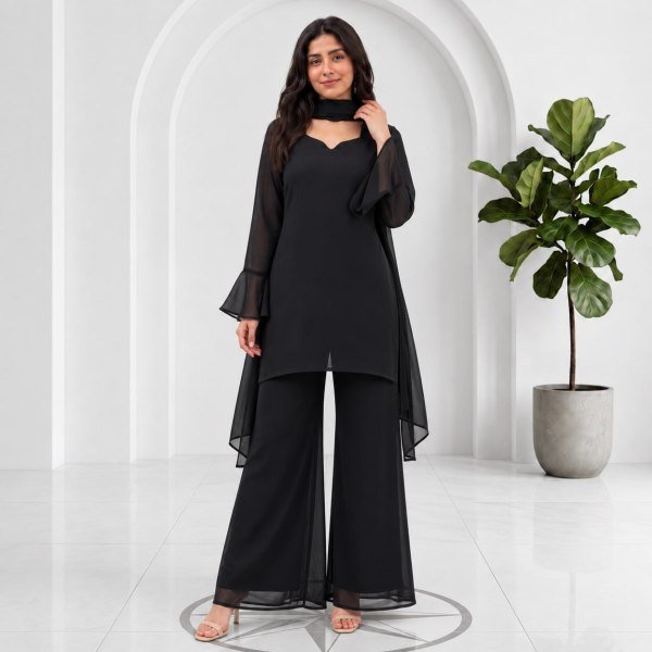 Premium Black Party Wear Soft Georgette Palazzo Suit Set for Women Full Set Kurti