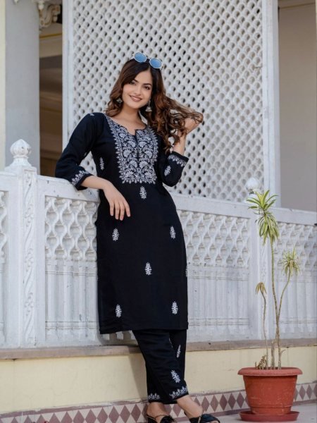Premium Black  Roman Silk Designer Suit Set with Elegant Embroidery Work for Women Kurtis