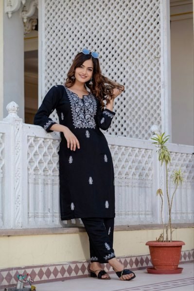 Premium Black  Roman Silk Designer Suit Set with Elegant Embroidery Work for Women Embroidery Kurtis 