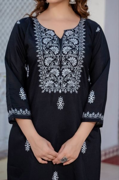 Premium Black  Roman Silk Designer Suit Set with Elegant Embroidery Work for Women Embroidery Kurtis 
