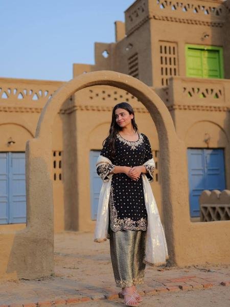 Premium Black Velvet Embroidered Kurti Pant Dupatta Set For Party Wear At Manufacturer Price Ready To Wear Collection