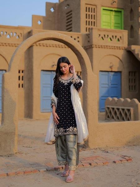 Premium Black Velvet Embroidered Kurti Pant Dupatta Set For Party Wear At Manufacturer Price Ready To Wear Collection