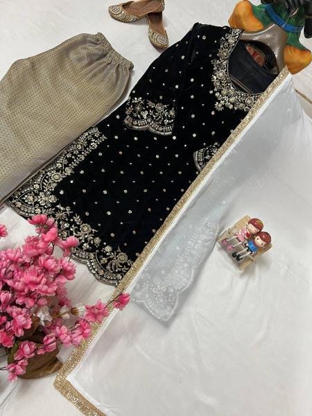 Premium Black Velvet Embroidered Kurti Pant Dupatta Set For Party Wear At Manufacturer Price Ready To Wear Collection