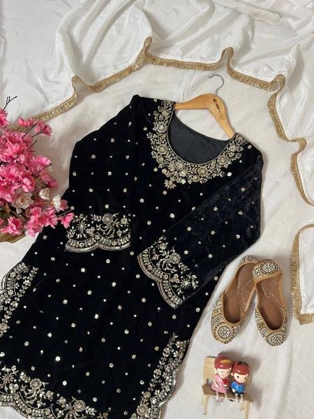 Premium Black Velvet Embroidered Kurti Pant Dupatta Set For Party Wear At Manufacturer Price Ready To Wear Collection