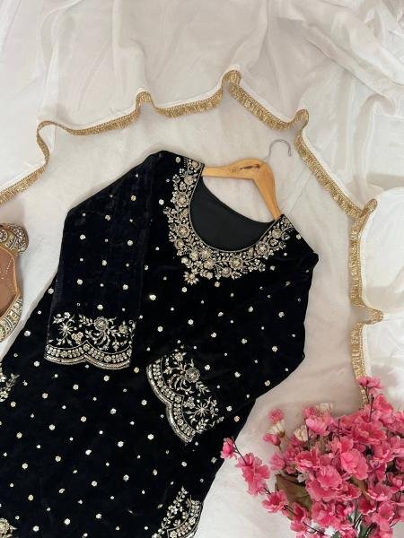 Premium Black Velvet Embroidered Kurti Pant Dupatta Set For Party Wear At Manufacturer Price Ready To Wear Collection