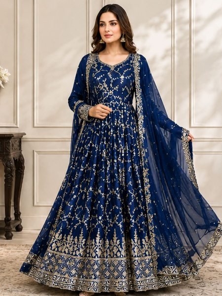 Premium Blue Anarkali Set With Sequins Work And Cut Work Dupatta Collection   Ready To Wear Suit