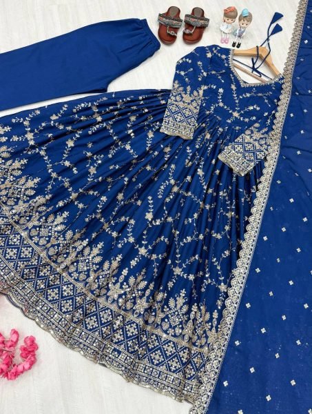Premium Blue Anarkali Set With Sequins Work And Cut Work Dupatta Collection   Ready To Wear Collection