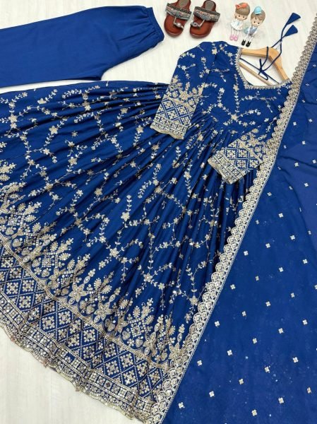 Premium Blue Anarkali Set With Sequins Work And Cut Work Dupatta Collection   Ready To Wear Collection