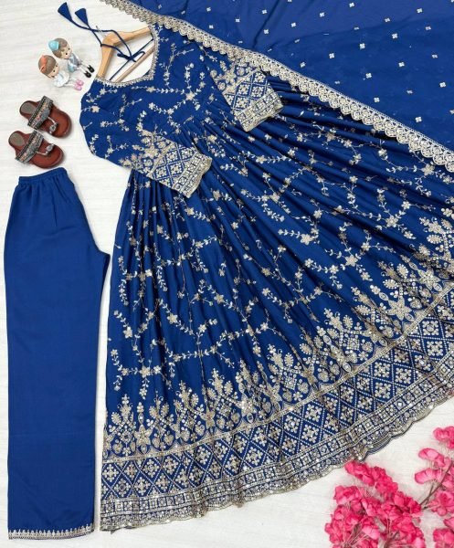Premium Blue Anarkali Set With Sequins Work And Cut Work Dupatta Collection   Ready To Wear Collection
