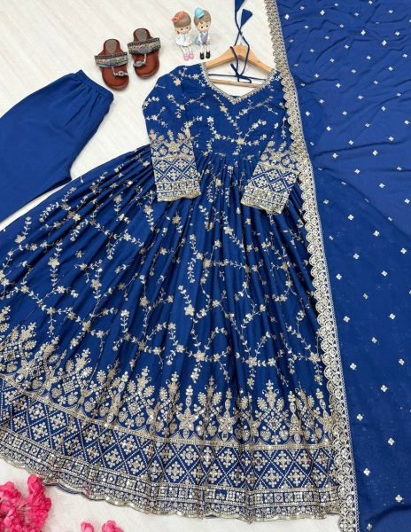 Premium Blue Anarkali Set With Sequins Work And Cut Work Dupatta Collection   Ready To Wear Collection