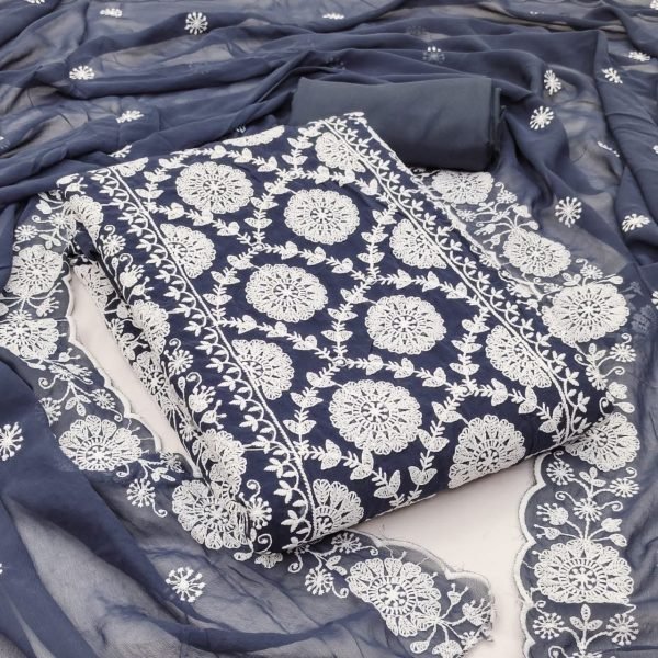 Premium Blue Simple Elegant Suit Material with Embroidery Work Color Set Matching Dress Material Wholesale