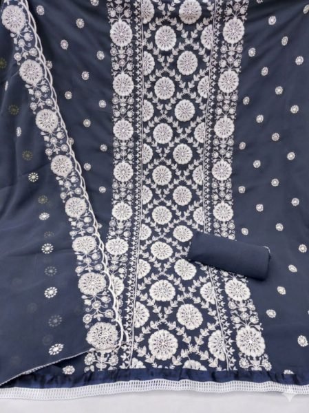 Premium Blue Simple Elegant Suit Material with Embroidery Work Color Set Matching Dress Material Wholesale