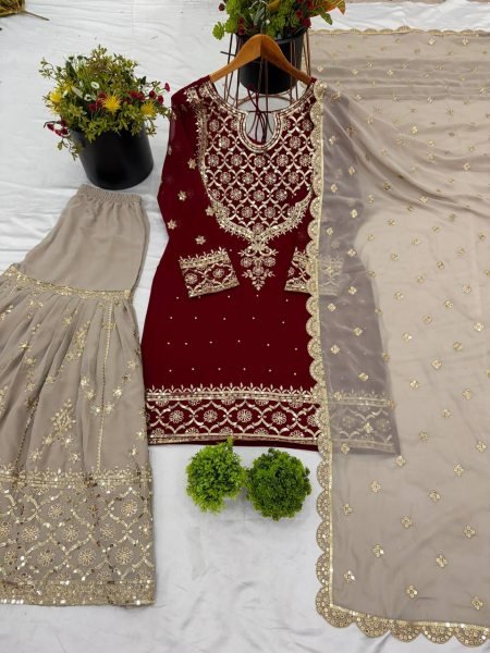 Premium Chanderi Booti Dress Material with Sequins Embroidery and Indian Santoon Bottom Ready To Wear Collection