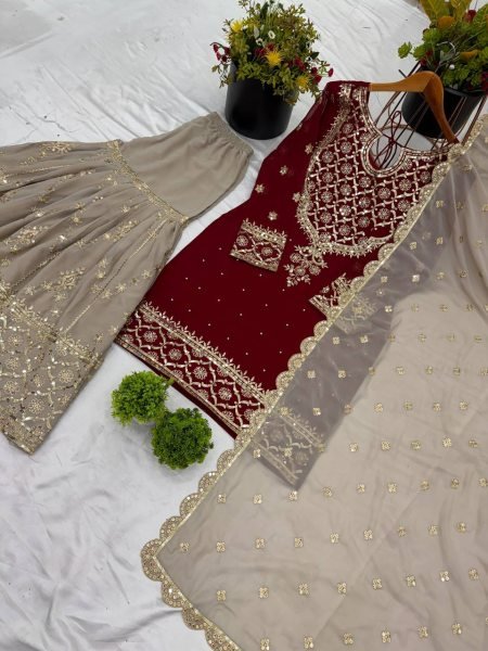 Premium Chanderi Booti Dress Material with Sequins Embroidery and Indian Santoon Bottom Ready To Wear Collection