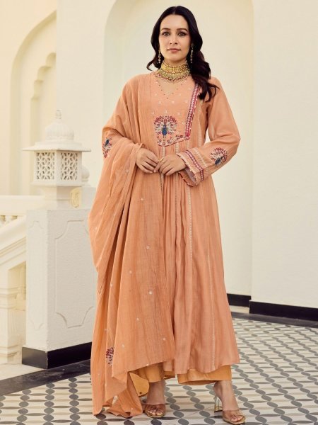 Premium Peach Chanderi Embroidered Anarkali Kurti Pant Set with Matching Chanderi Dupatta for Women Ready to Wear Kurtis