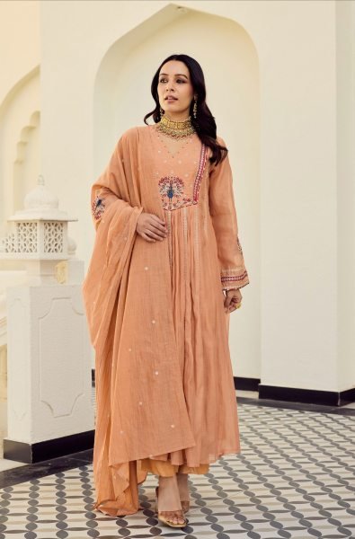 Premium Peach Chanderi Embroidered Anarkali Kurti Pant Set with Matching Chanderi Dupatta for Women Ready to Wear Anarkali Kurtis 