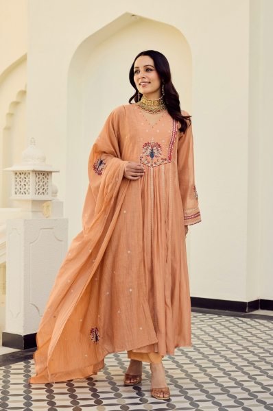 Premium Peach Chanderi Embroidered Anarkali Kurti Pant Set with Matching Chanderi Dupatta for Women Ready to Wear Anarkali Kurtis 