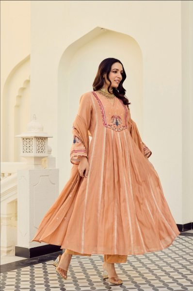 Premium Peach Chanderi Embroidered Anarkali Kurti Pant Set with Matching Chanderi Dupatta for Women Ready to Wear Anarkali Kurtis 
