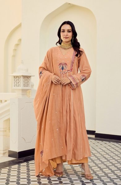 Premium Peach Chanderi Embroidered Anarkali Kurti Pant Set with Matching Chanderi Dupatta for Women Ready to Wear Anarkali Kurtis 