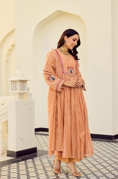 Premium Peach Chanderi Embroidered Anarkali Kurti Pant Set with Matching Chanderi Dupatta for Women Ready to Wear Anarkali Kurtis 