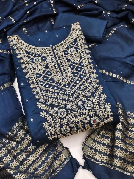 Premium Chanderi Silk Suit Set with Kodding Booti   Floral Sequins Embroidery Bliss Flair Dress Material Suppliers  Dress Material 