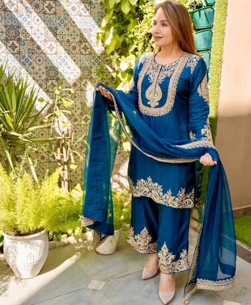 Royal Blue Heavy Chinon Silk Embroidery Suit with Sequins Work and Dupatta Ready To Wear Collection
