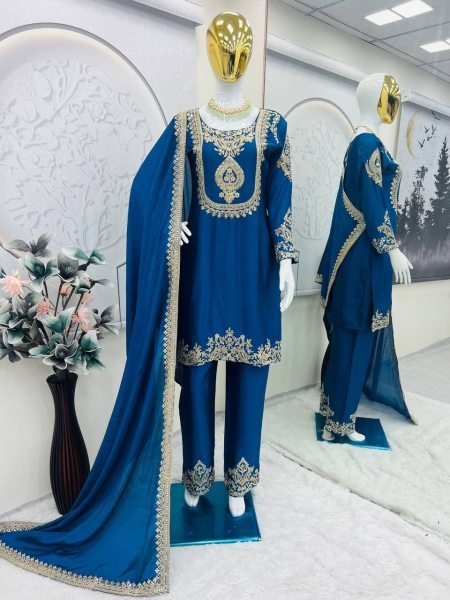 Royal Blue Heavy Chinon Silk Embroidery Suit with Sequins Work and Dupatta Ready To Wear Collection