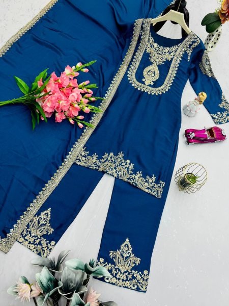 Royal Blue Heavy Chinon Silk Embroidery Suit with Sequins Work and Dupatta Ready To Wear Collection