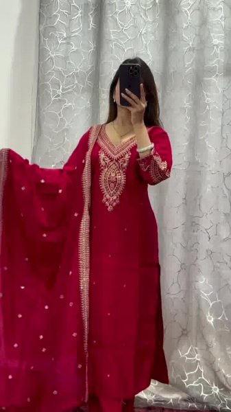 Premium Chinon Silk Embroidered Kurti Set with Sequins Border Dupatta & Stitched Pant Perfact Festive & Wedding Wear Outfit for Women Ready To Wear Collection