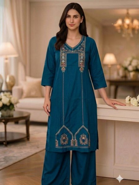 Premium Cotton Ethnic Kurti Plazzo Set for Women with Export Quality Fabric and Elegant Embroidery 